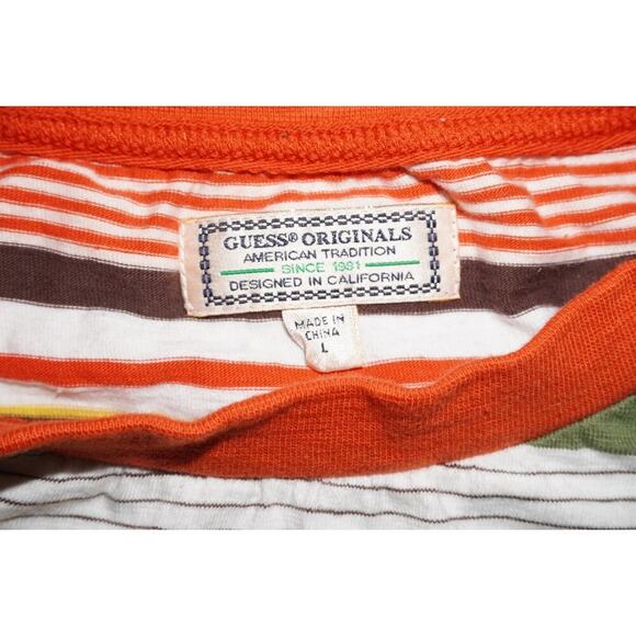 GUESS Originals Multicolor Stripe Tee Shirt Size L Retro Logo T-Shirt Y2K - Picture 2 of 3